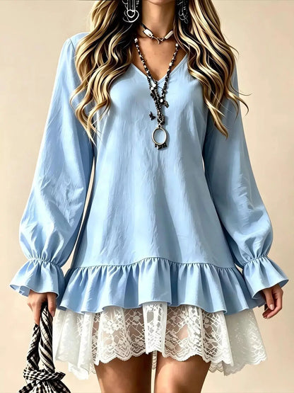 V-Neck Long Sleeve Ruffle Hem Lace Trim Mini Dress by Trendsi