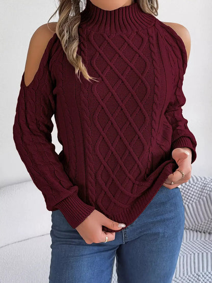 Cold-Shoulder Cable Knit Sweater by Trendsi