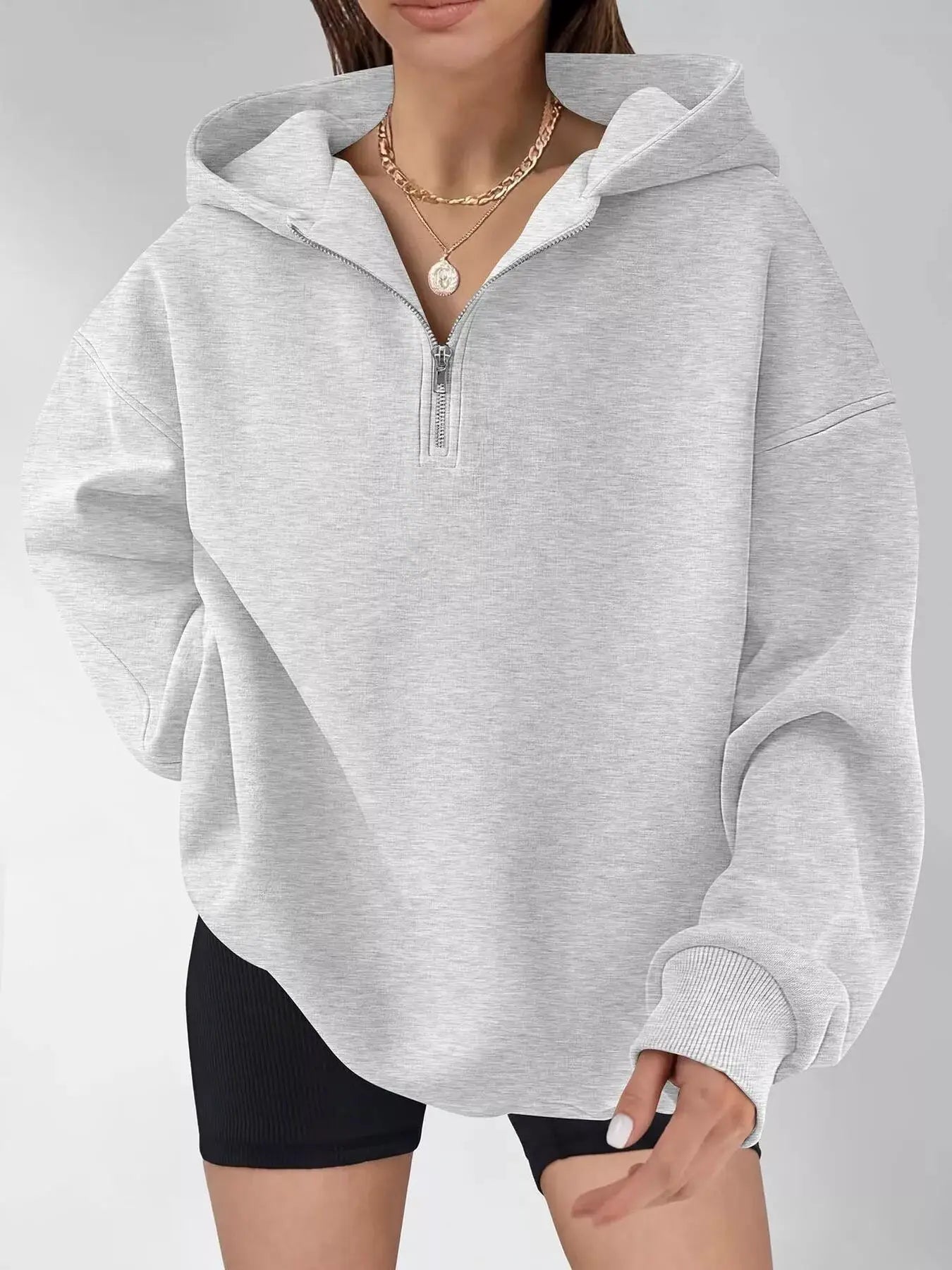 Oversized Quarter-Zip Hoodie by Trendsi