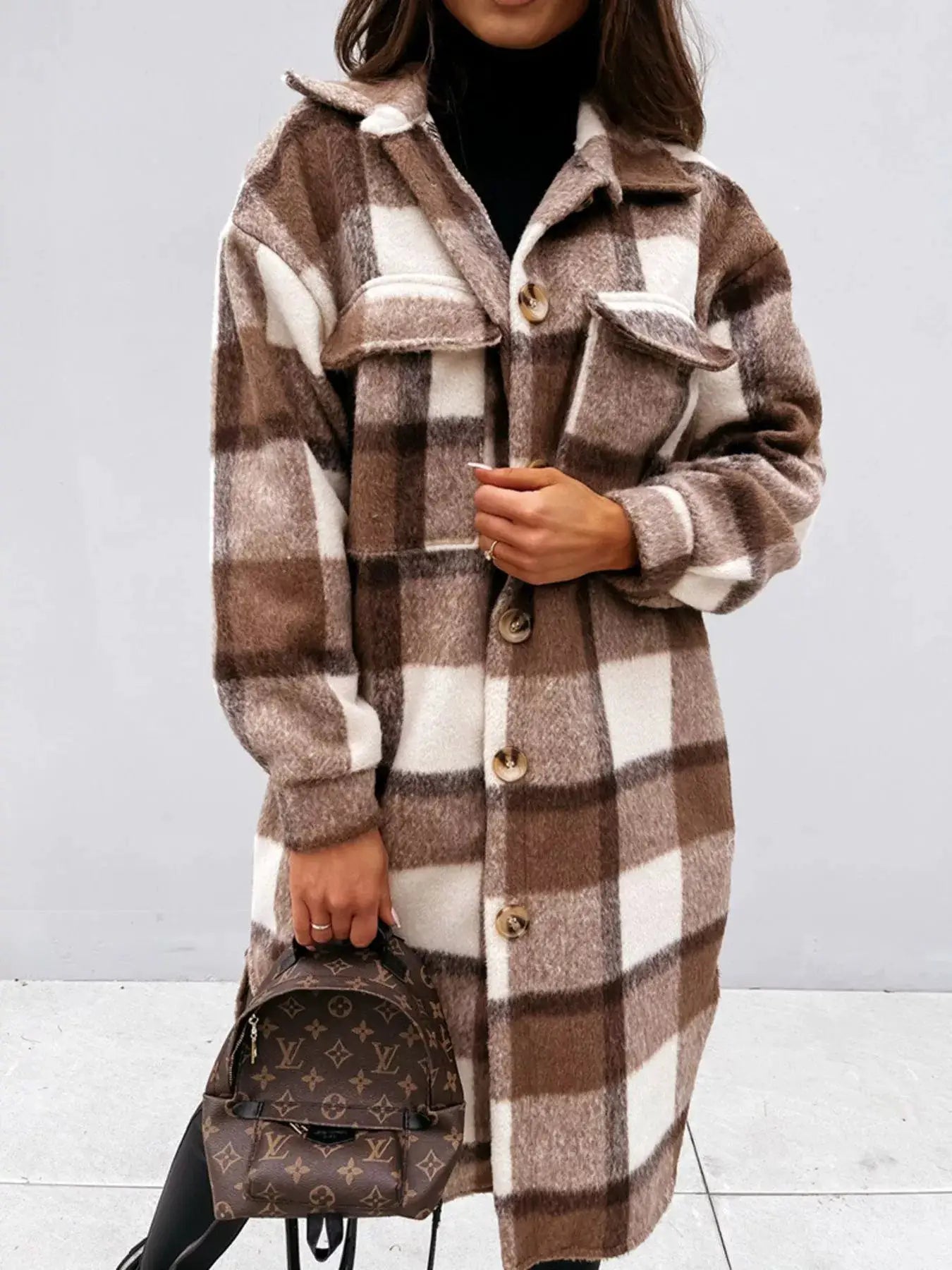 Longline Plaid Button Up Coat by Trendsi