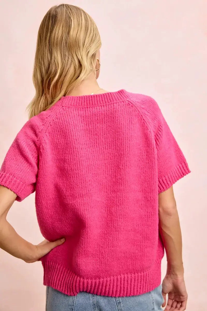 BiBi Flower Embroidered Short Sleeves Knit Top by Trendsi