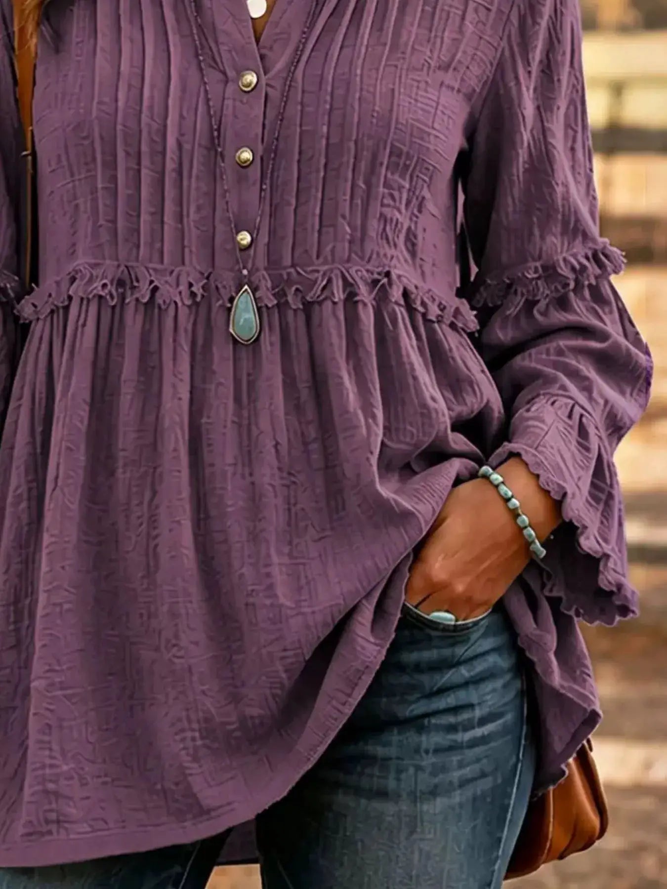 Full Size Frill Notched Long Sleeve Blouse Plus Size by Trendsi