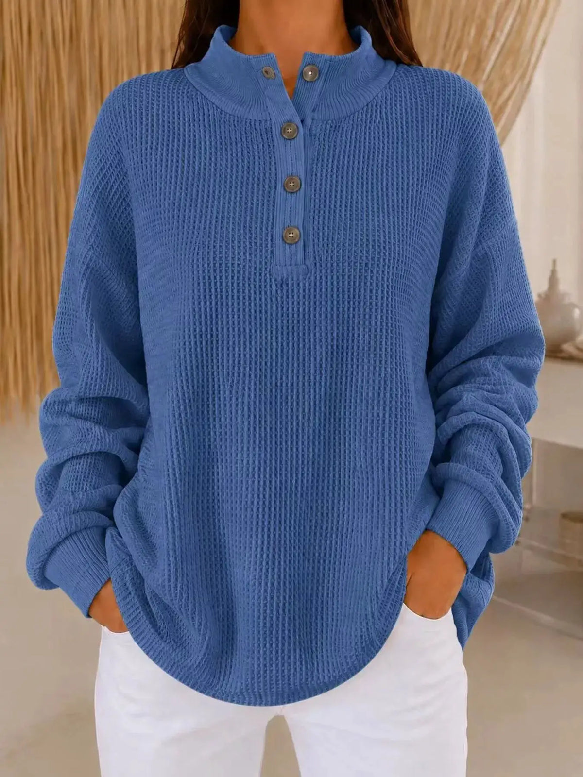 Full Size Waffle Knit Button Detail Sweatshirt Plus Size by Trendsi