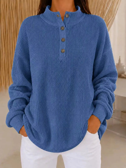 Full Size Waffle Knit Button Detail Sweatshirt Plus Size by Trendsi