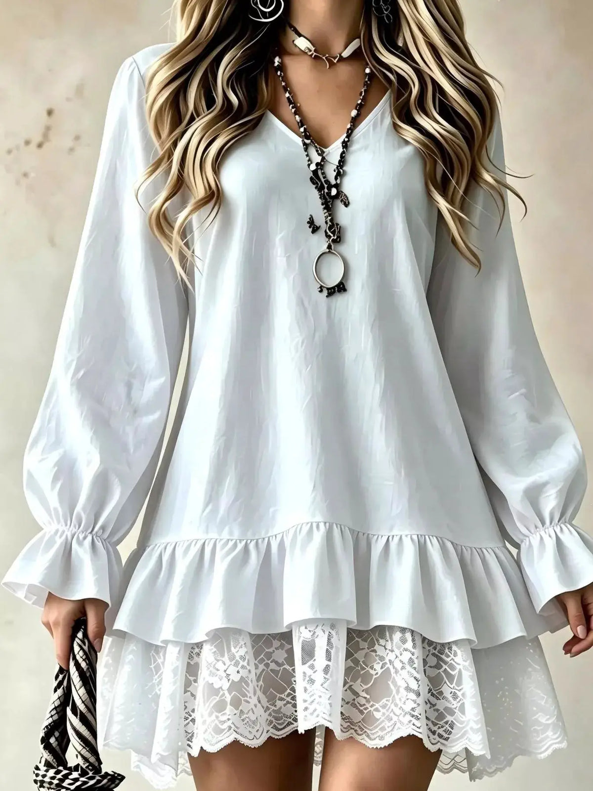 V-Neck Long Sleeve Ruffle Hem Lace Trim Mini Dress by Trendsi