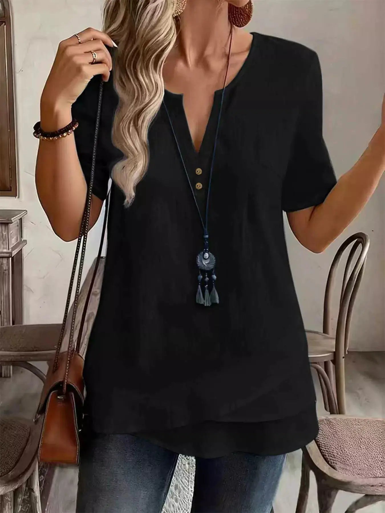 Notched Short Sleeve Blouse by Trendsi