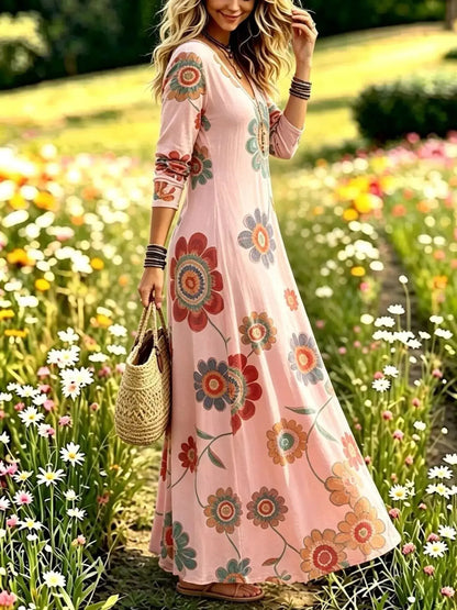 Floral Print V-Neck Long Sleeve Maxi Dress by Trendsi