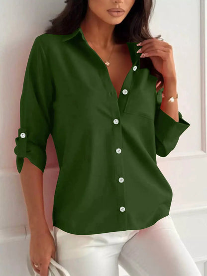 Button-Down Roll-Up Sleeve Shirt by Trendsi