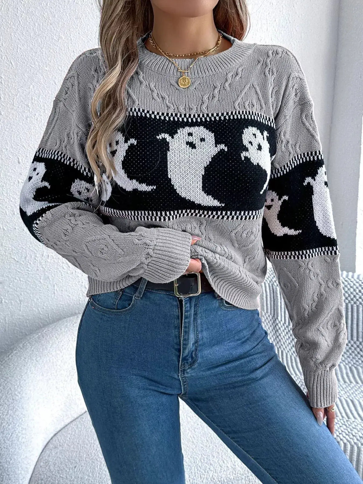 Halloween Ghost Pattern Textured Sweater by Trendsi