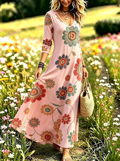 Floral Print V-Neck Long Sleeve Maxi Dress by Trendsi