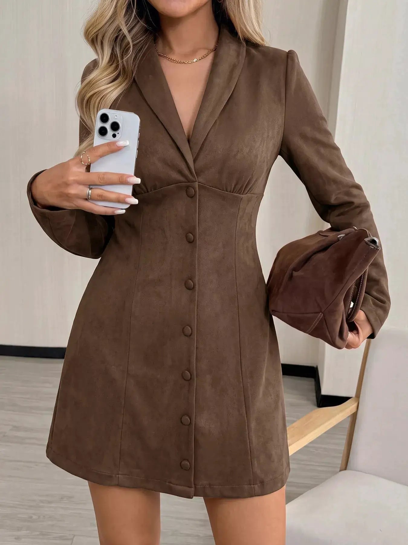 Button-Front Long Sleeve Blazer Dress by Trendsi