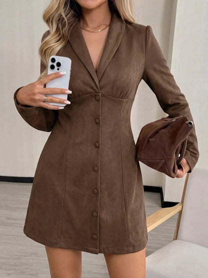 Button-Front Long Sleeve Blazer Dress by Trendsi