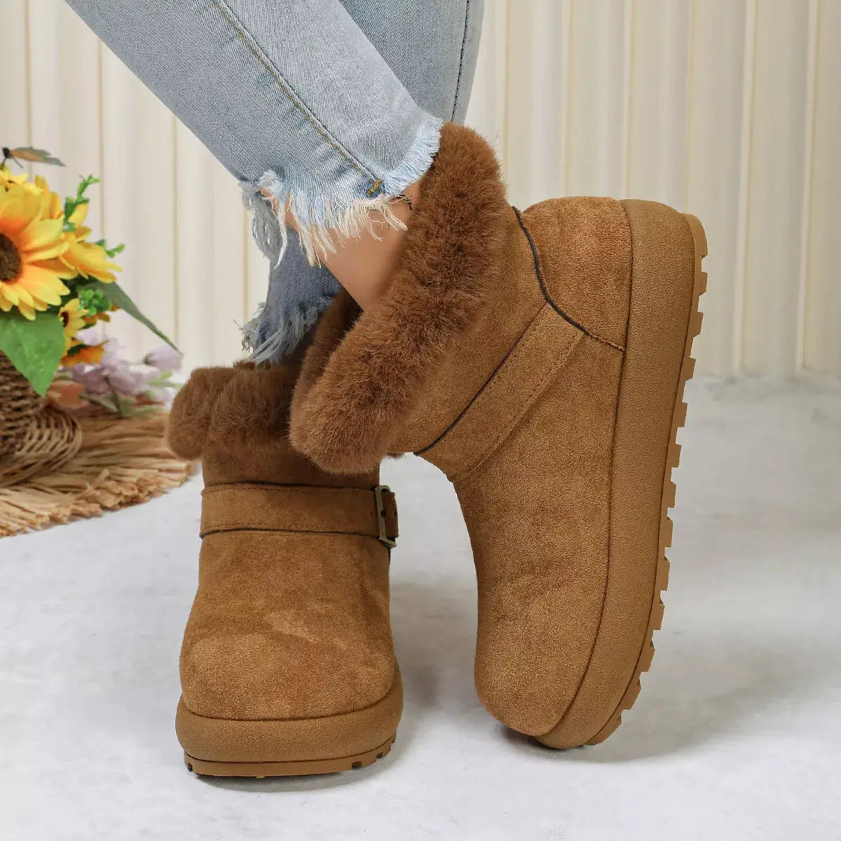 Round Toe Fuzzy Boots by Trendsi