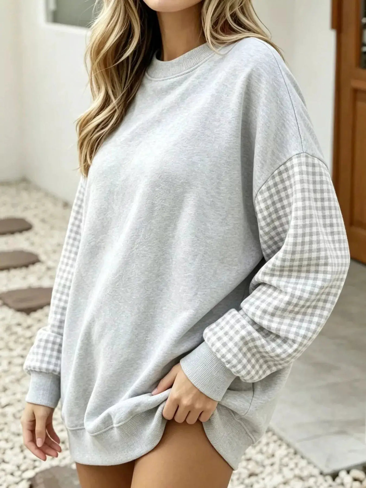 Contrast Gingham Long Sleeve Sweatshirt by Trendsi