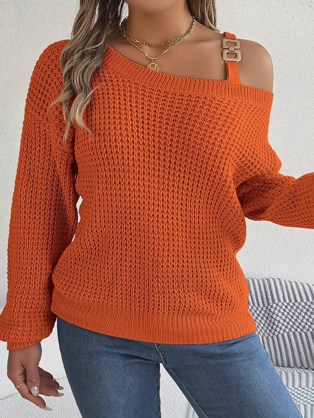 Asymmetrical Neck Long Sleeve Sweater by Trendsi