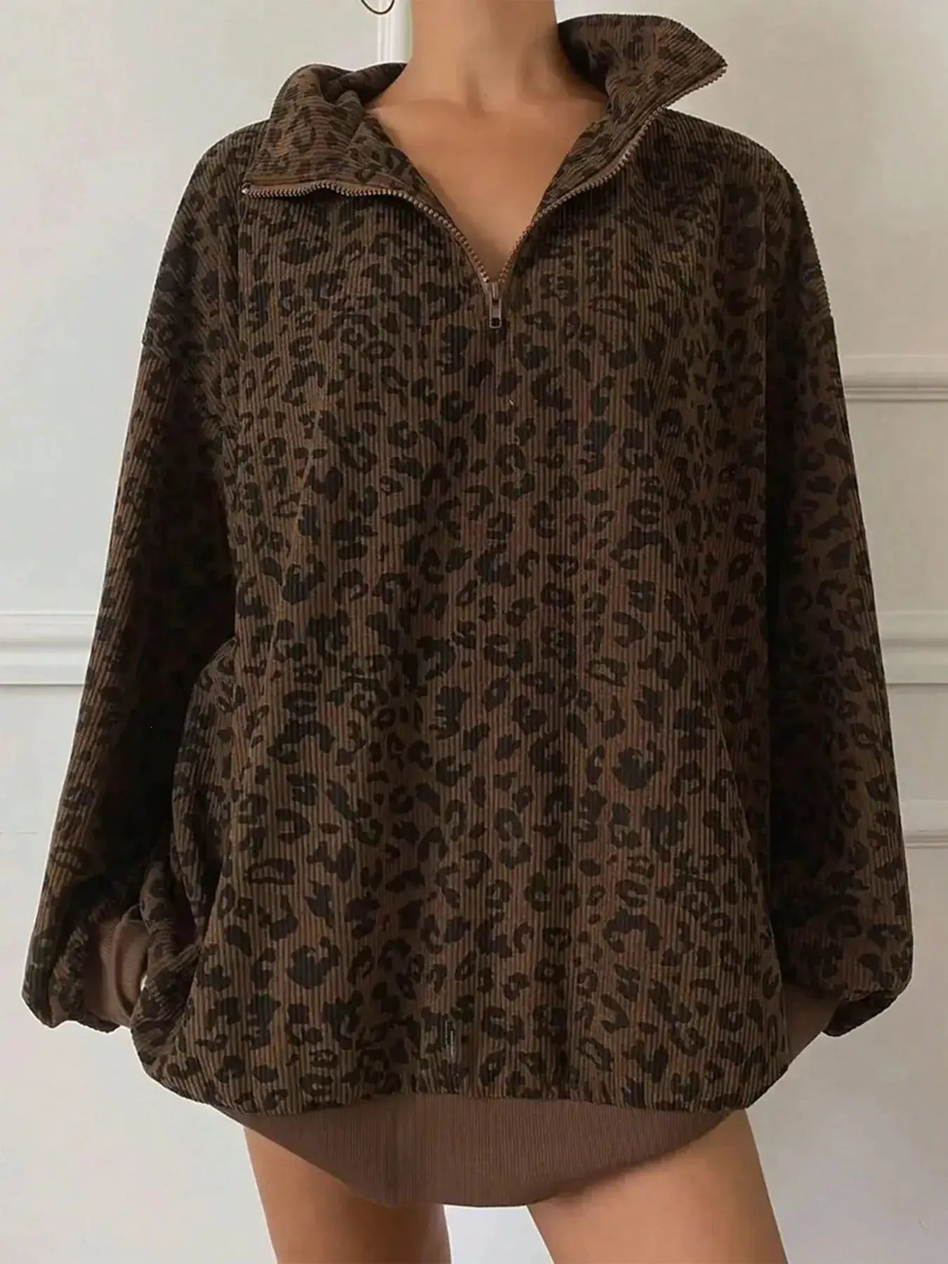 Leopard Print Quarter-Zip Sweatshirt by Trendsi
