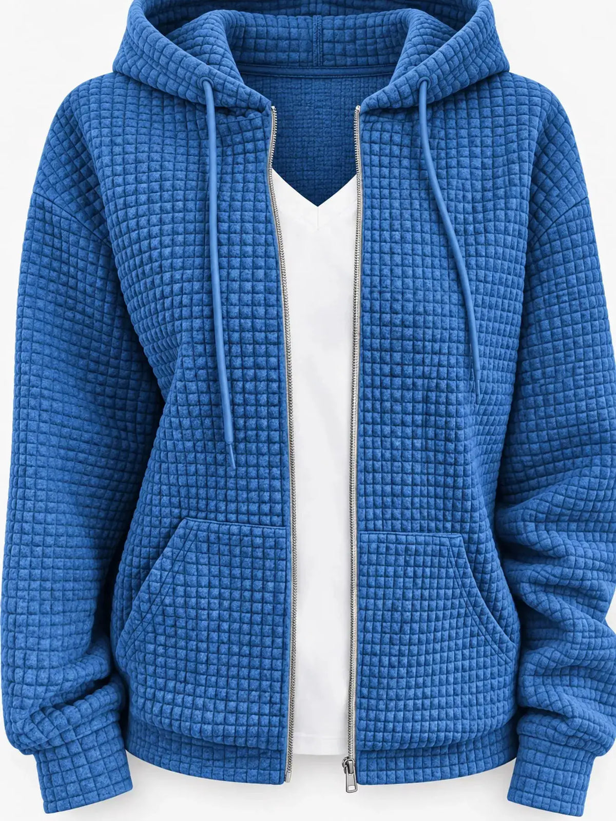 Waffle Knit Zip-Up Hoodie with Drawstring and Pockets by Trendsi