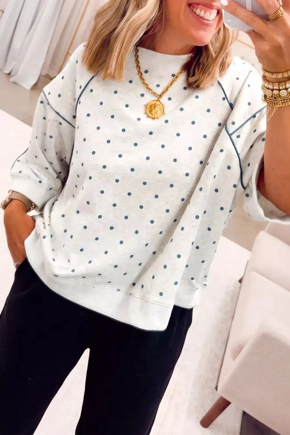 Polka Dot Print Piping Trim 3/4 Sleeve Relaxed Top by Trendsi