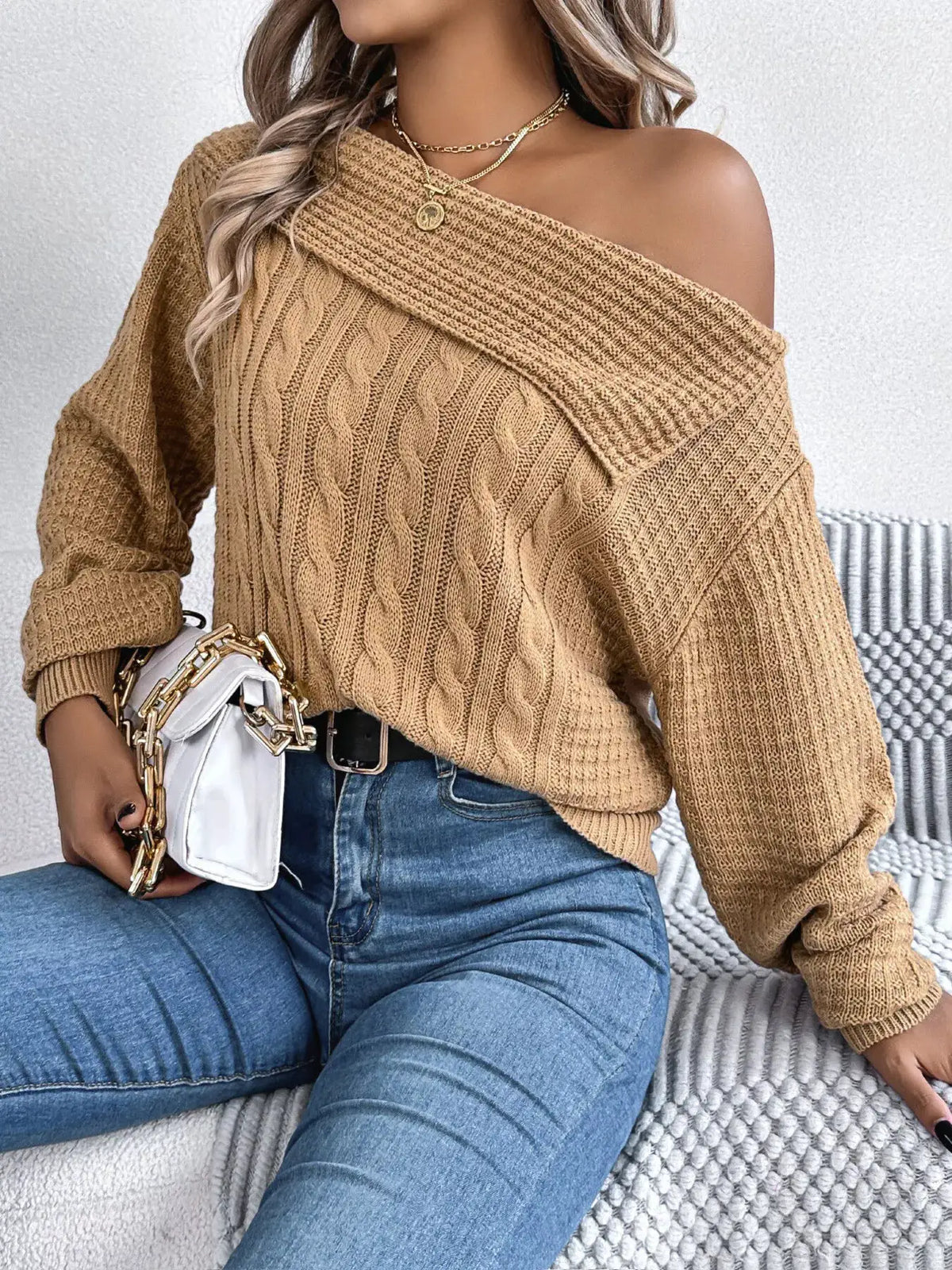 One Shoulder Cable Knit Sweater by Trendsi