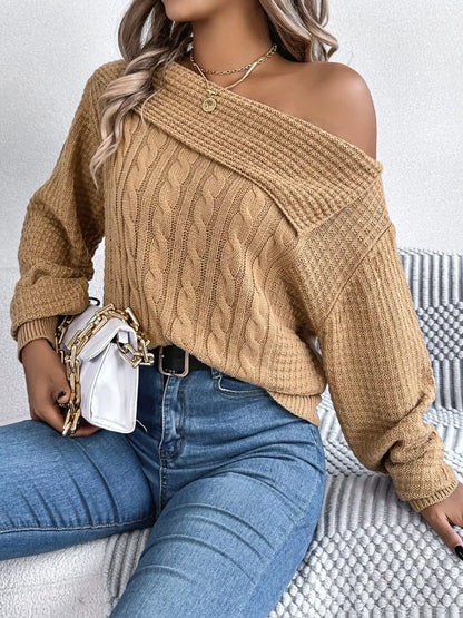One Shoulder Cable Knit Sweater by Trendsi