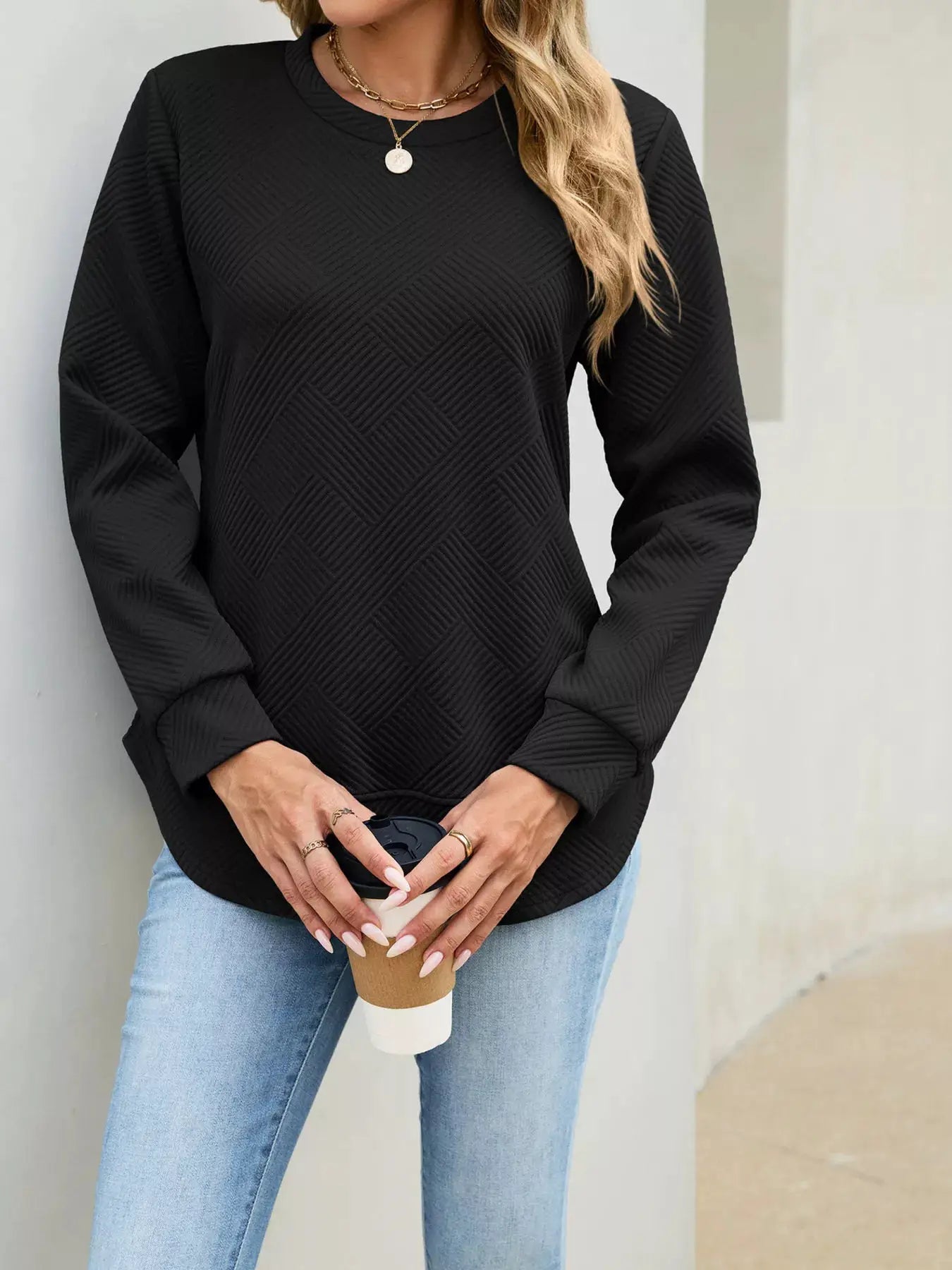 Textured Crew Neck Sweatshirt by Trendsi