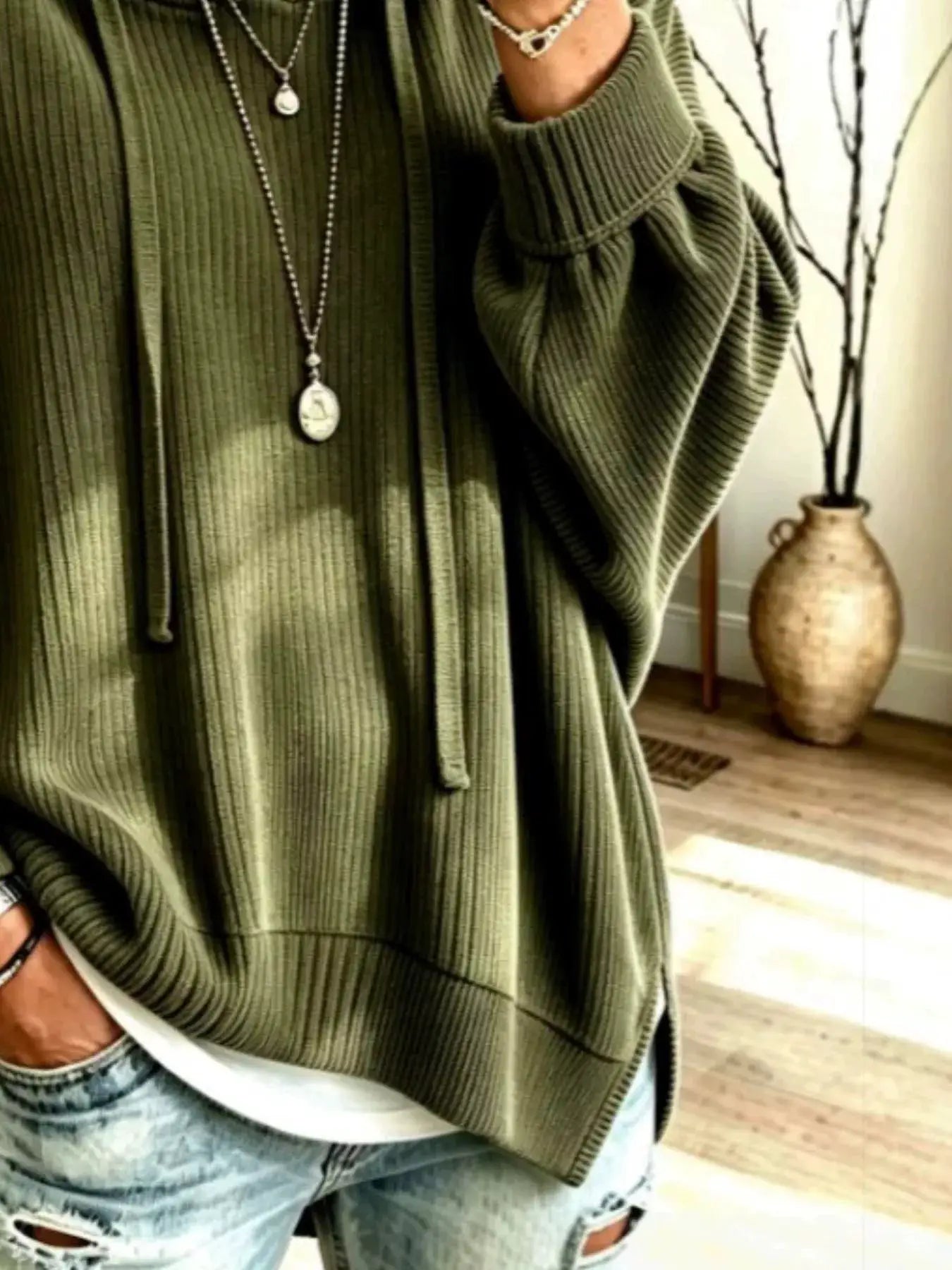 Drawstring Ribbed Knit Hoodie by Trendsi