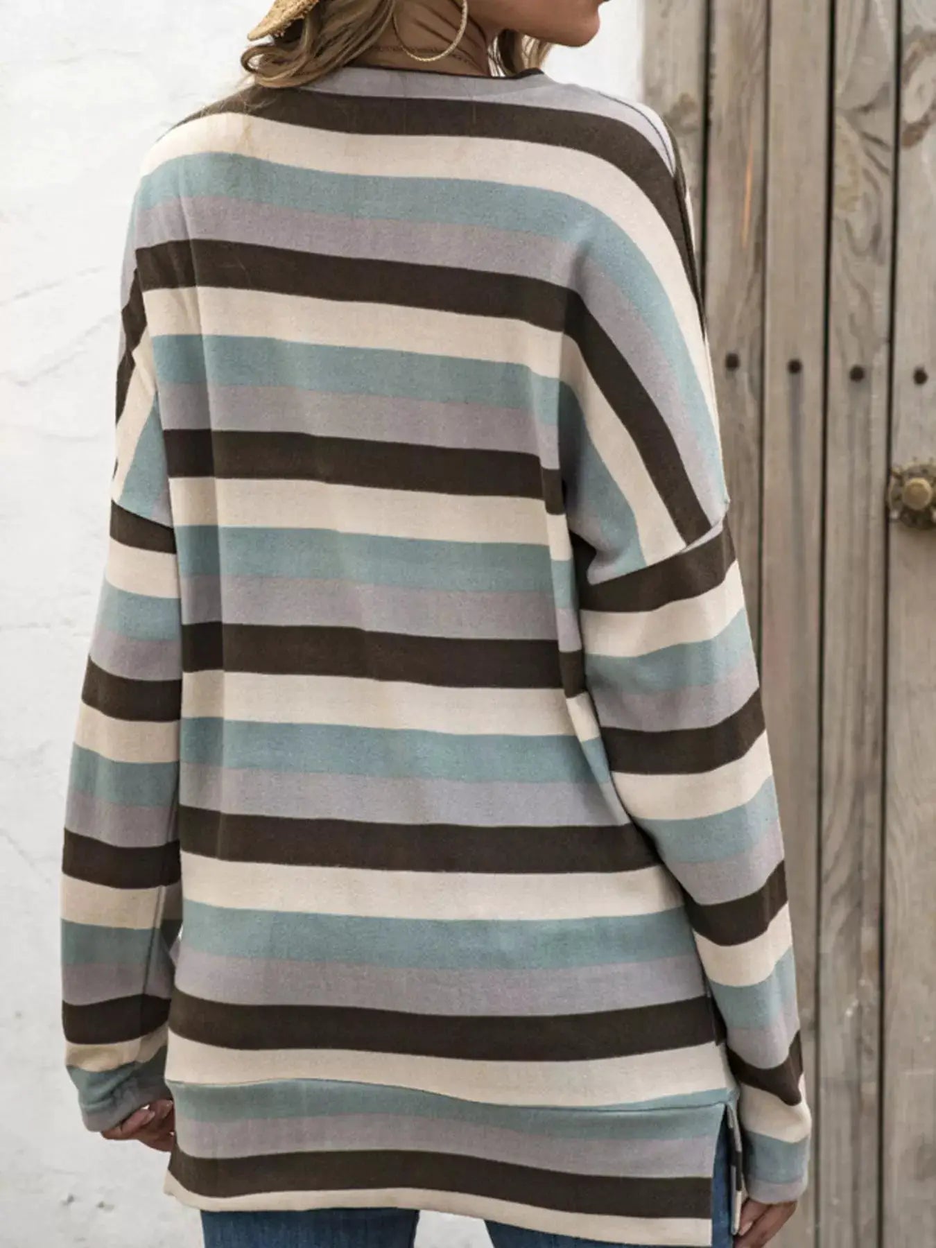 Full Size Casual Striped Long Sleeve Crew Neck Top Plus Size by Trendsi