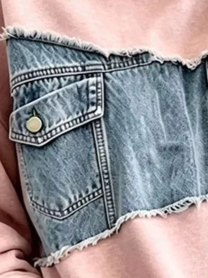 Full Size Denim Patchwork Dropped Shoulder Sweatshirt Plus Size by Trendsi