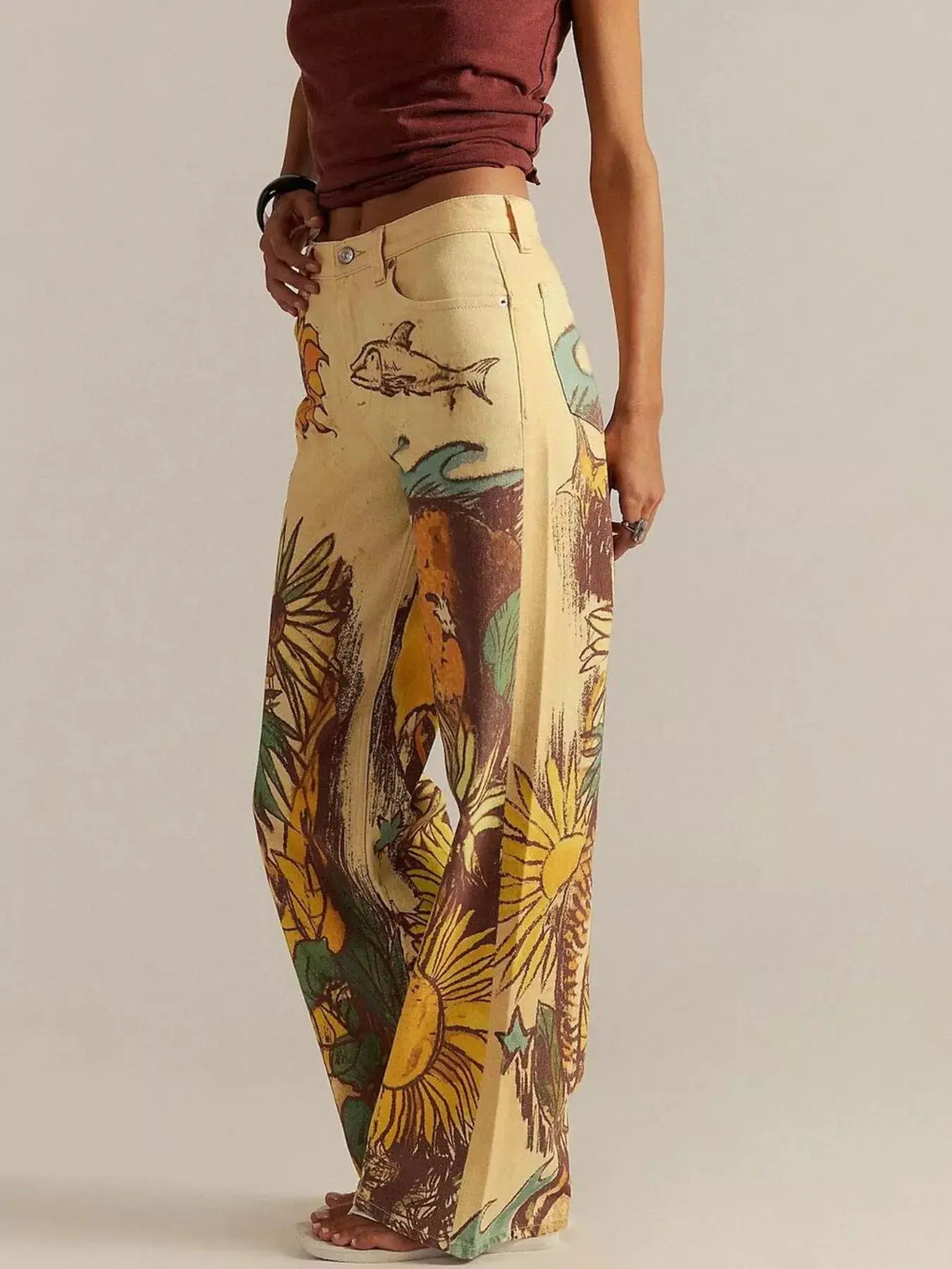 Printed Wide Leg Jeans by Trendsi