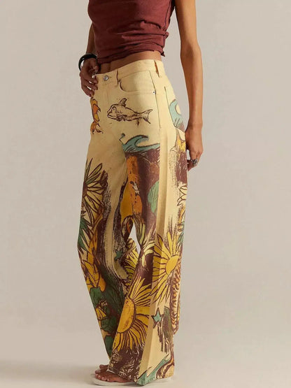 Printed Wide Leg Jeans by Trendsi