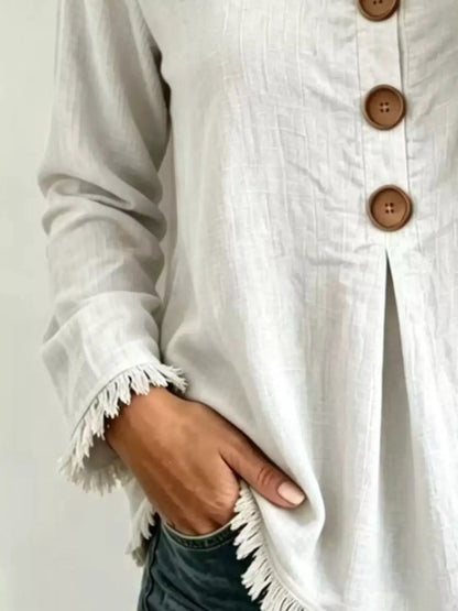 Full Size Frayed Hem Long Sleeve Blouse Plus Size by Trendsi