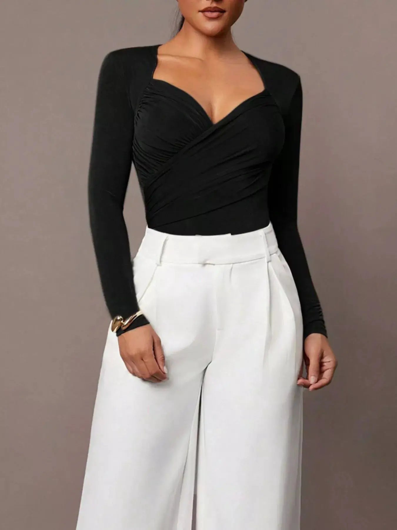 Ruched Surplice Long Sleeve Bodysuit by Trendsi