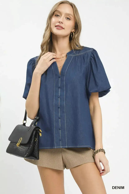 Umgee Denim Button Front Puff Sleeve Boho Blouse by Trendsi