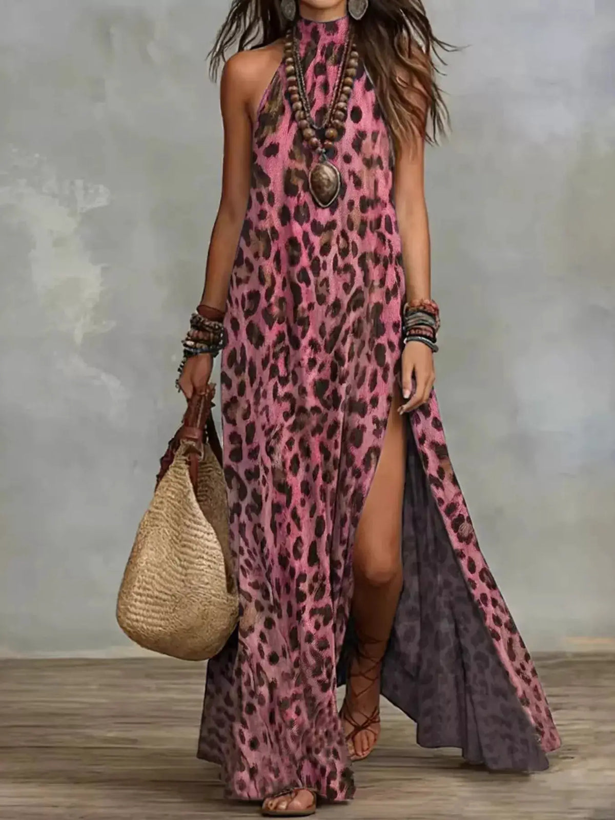 Leopard Print Sleeveless Maxi Dress with Side Slit by Trendsi