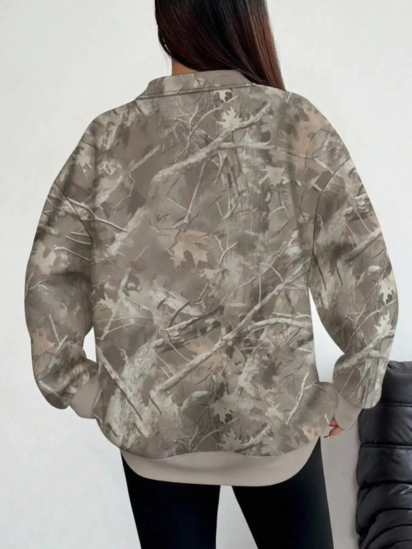 Quarter-Zip Printed Sweatshirt with Ribbed Cuffs by Trendsi