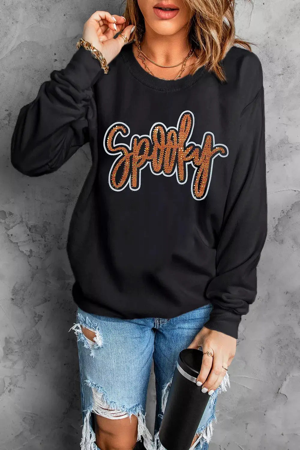 Spooky Rhinestone Drop Shoulder Sweatshirt by Trendsi