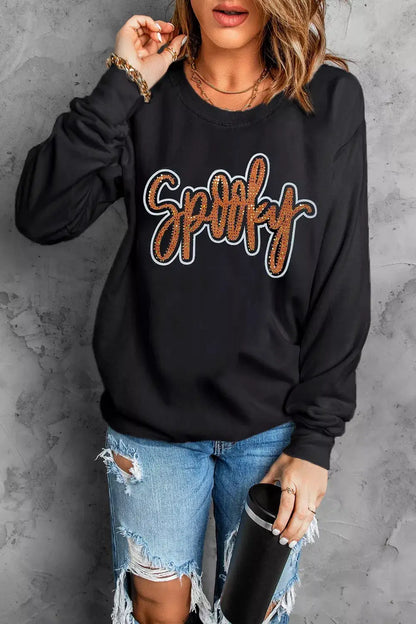 Spooky Rhinestone Drop Shoulder Sweatshirt by Trendsi