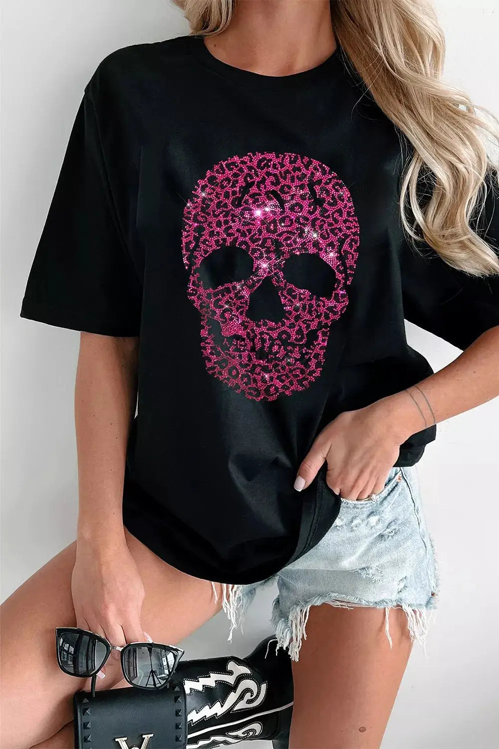 Rhinestone Skull Graphic Crew Neck T Shirt by Trendsi