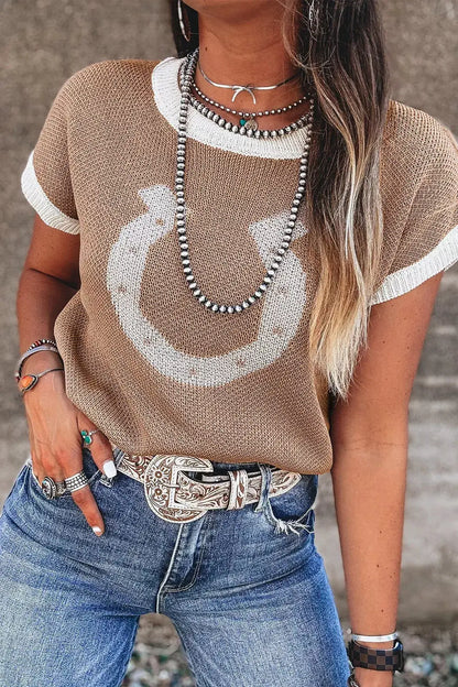 Horse Shoe Pattern Contrast Trim Short Sleeve Sweater by Trendsi