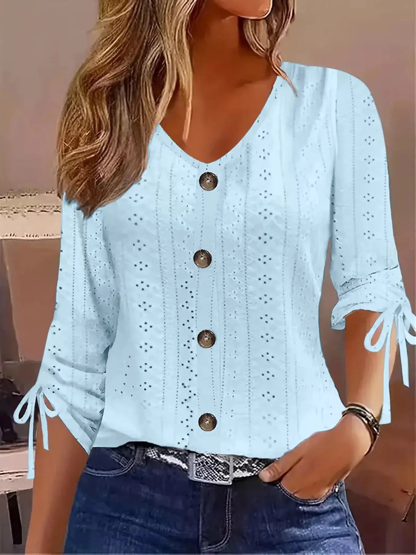 Eyelet Tie-Sleeve Detail Top by Trendsi