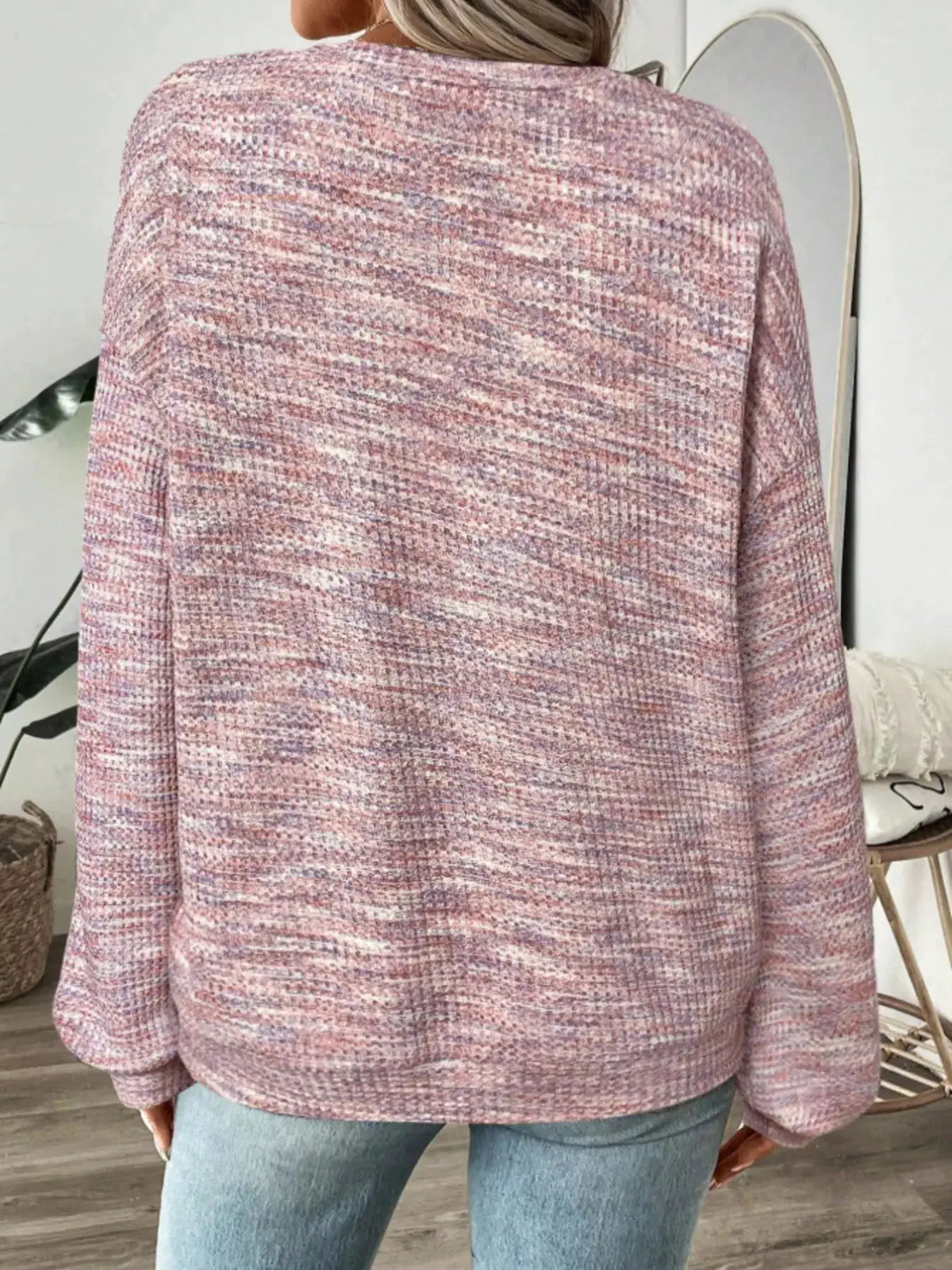 Space-Dyed Long Sleeve Waffle-Knit Top by Trendsi