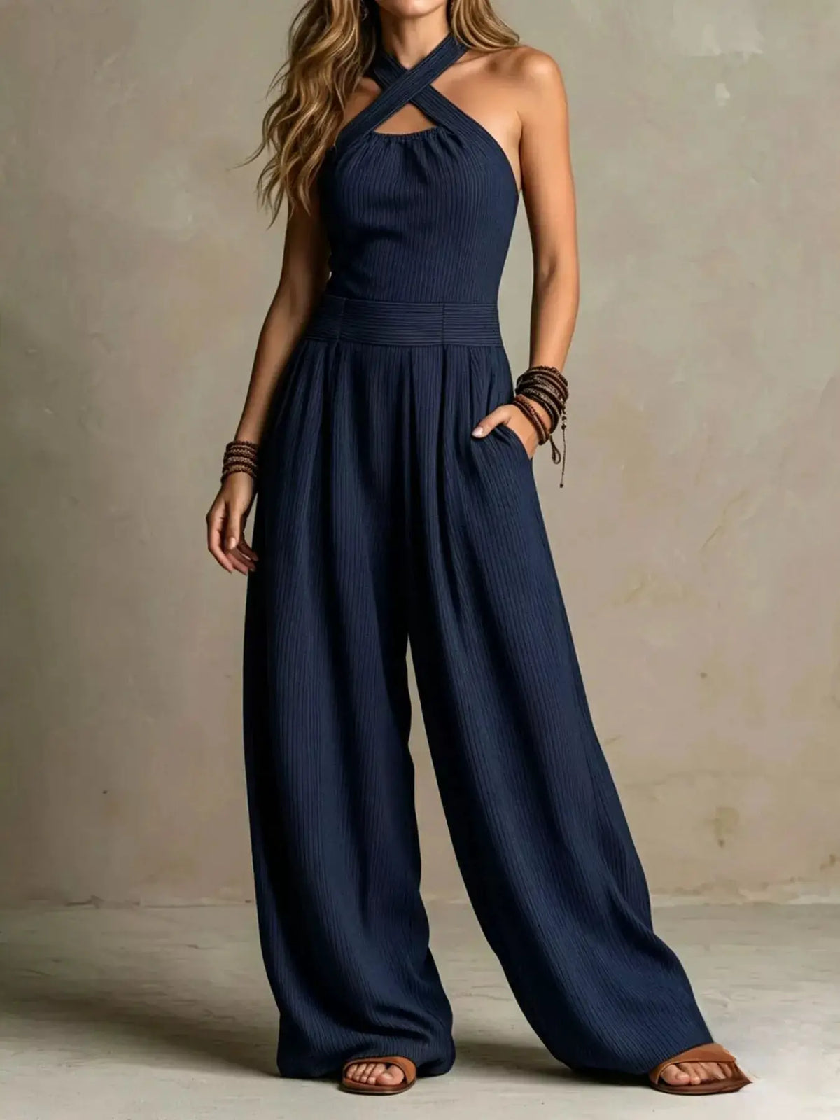 Full Size Halter Neck Wide-Leg Jumpsuit Plus Size by Trendsi