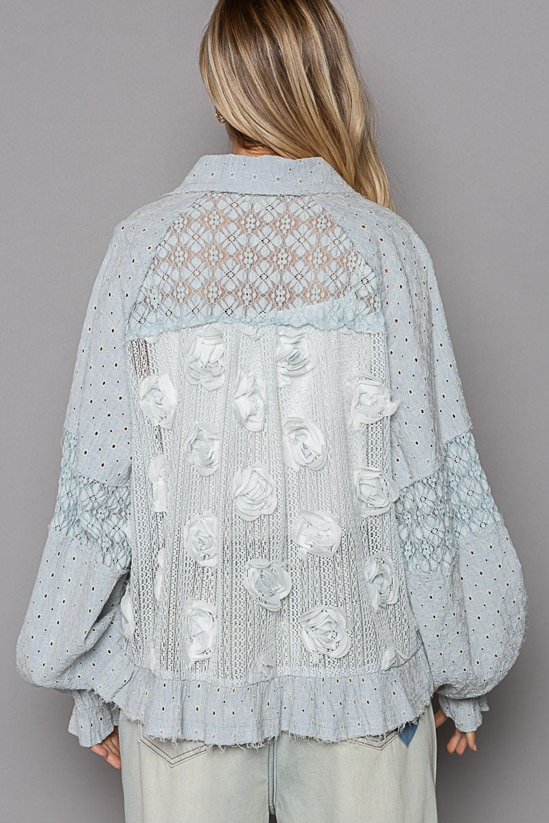 POL Eyelet Flower Pearl Detail Lace Patchwork Shirt