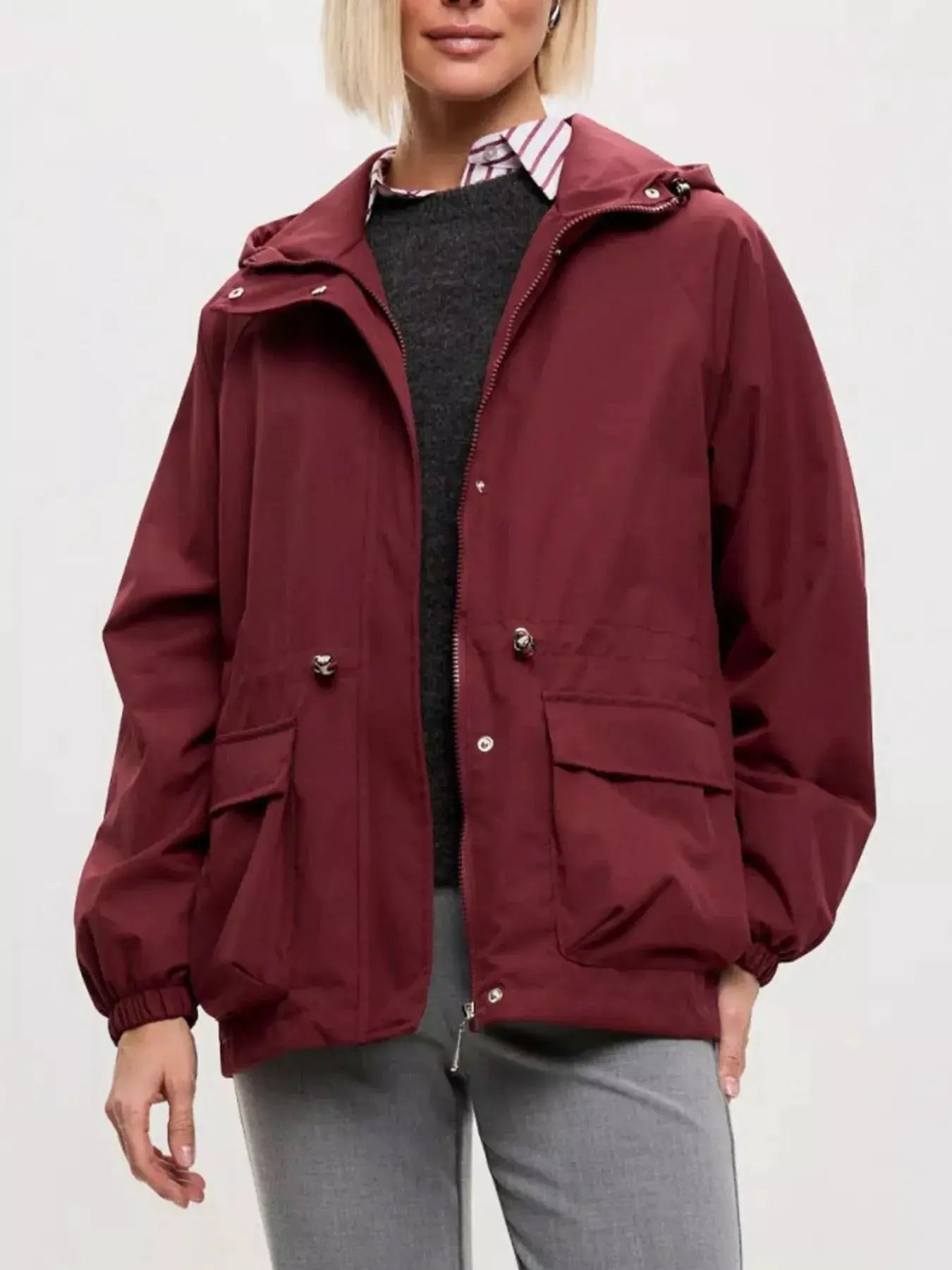 Drawstring Waist Hooded Windbreaker Outerwear by Trendsi
