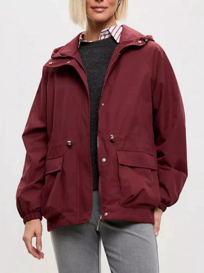 Drawstring Waist Hooded Windbreaker Outerwear by Trendsi