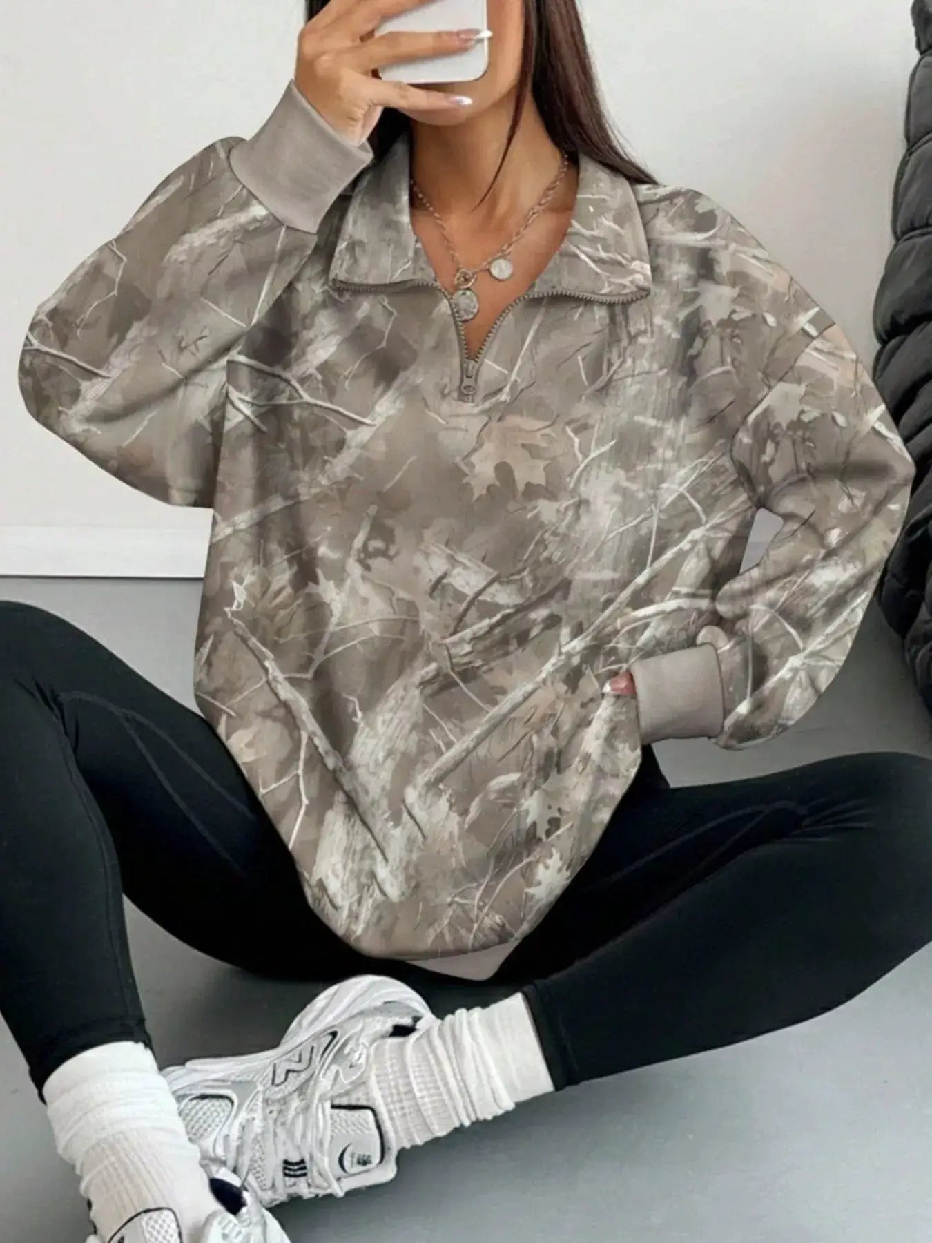 Quarter-Zip Printed Sweatshirt with Ribbed Cuffs by Trendsi