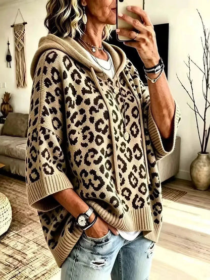 Drawstring Leopard Hooded Sweater by Trendsi