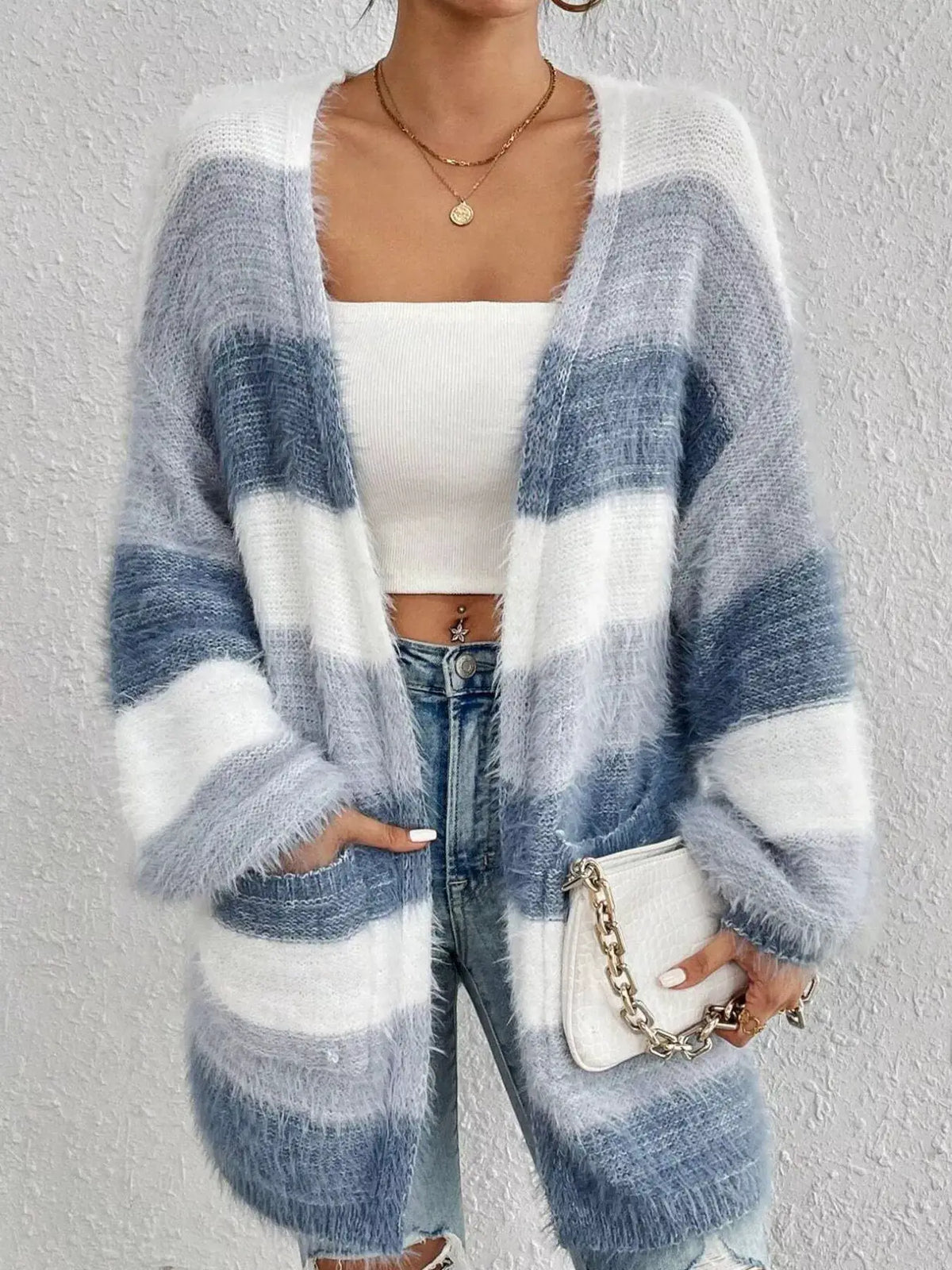 Striped Open Front Oversized Cardigan by Trendsi