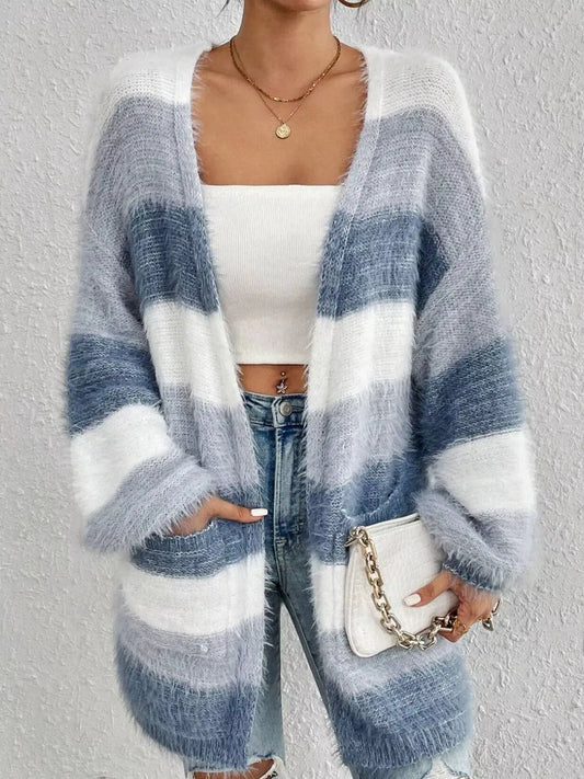 Striped Open Front Oversized Cardigan by Trendsi
