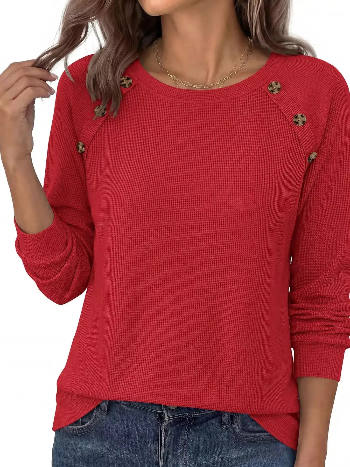 Decorative Button Waffle Knit Long Sleeve T-Shirt by Trendsi